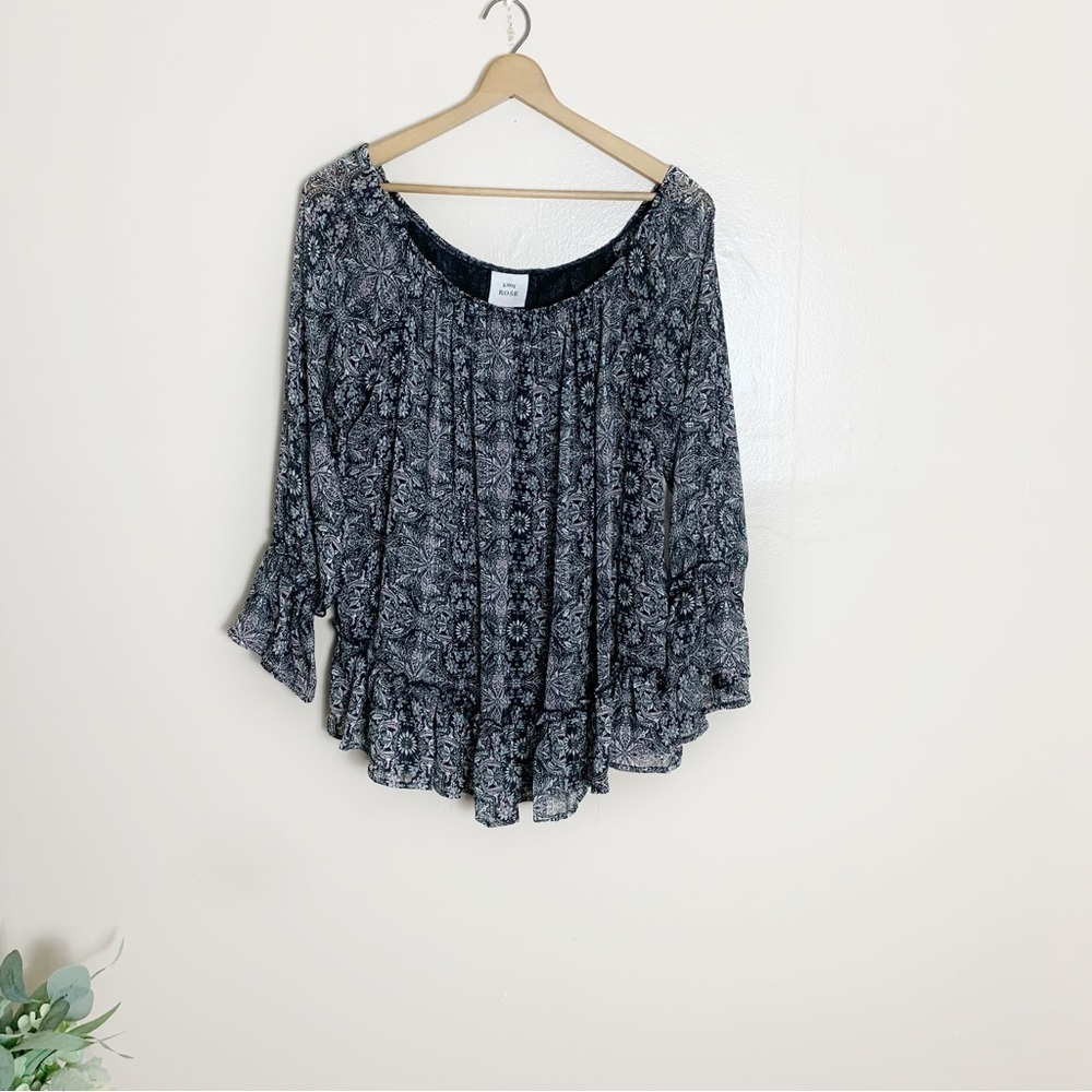 [Knox Rose] Black Boho Print Long Sleeve Ruffle Hem Shirt